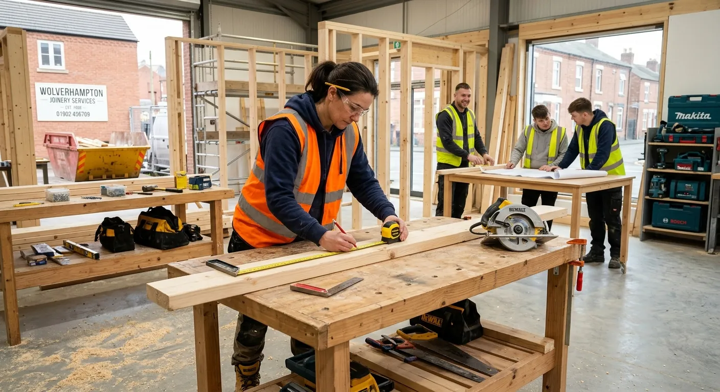 A professional construction and joinery scene in Wolverhampton showing a skilled carpenter measuring... A professional construction and joinery scene in Wolverhampton showing a skilled carpenter measuring and cutting timber on a clean job site, wearing a high-visibility vest and safety boots, with tools, drawings, and a friendly team atmosphere, modern corporate lighting, trustworthy and local UK feel