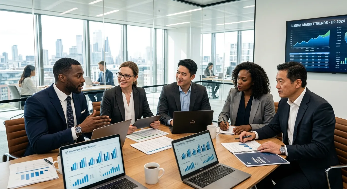 A professional, high-contrast image of a diverse team of accountants and financial professionals collaborating in a modern, bright office. Focus on sharp suits, laptops, financial charts on screens, and a confident, trustworthy atmosphere.
