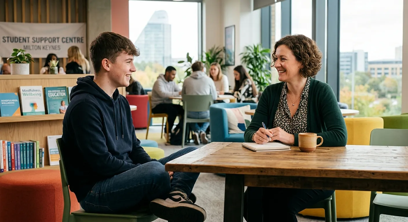 A professional, approachable Pastoral Mentor in a modern educational or support setting in Milton Ke... A professional, approachable Pastoral Mentor in a modern educational or support setting in Milton Keynes, providing calm guidance to a young person, conveying trust and positive engagement.