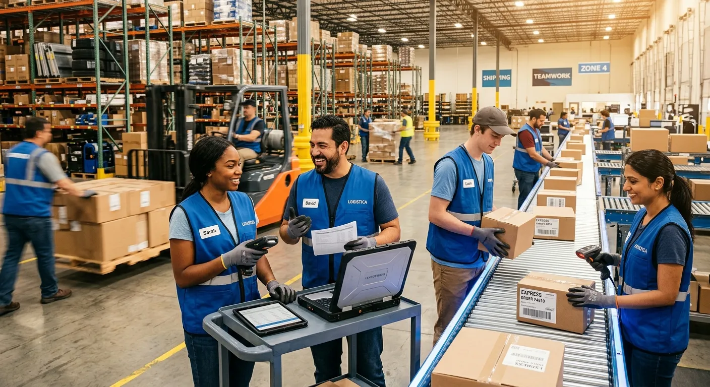 A high-energy, professional shot of a diverse logistics team in a modern warehouse, focusing on effi... A high-energy, professional shot of a diverse logistics team in a modern warehouse, focusing on efficient collaboration and a fast-paced environment. Warm, optimistic lighting.
