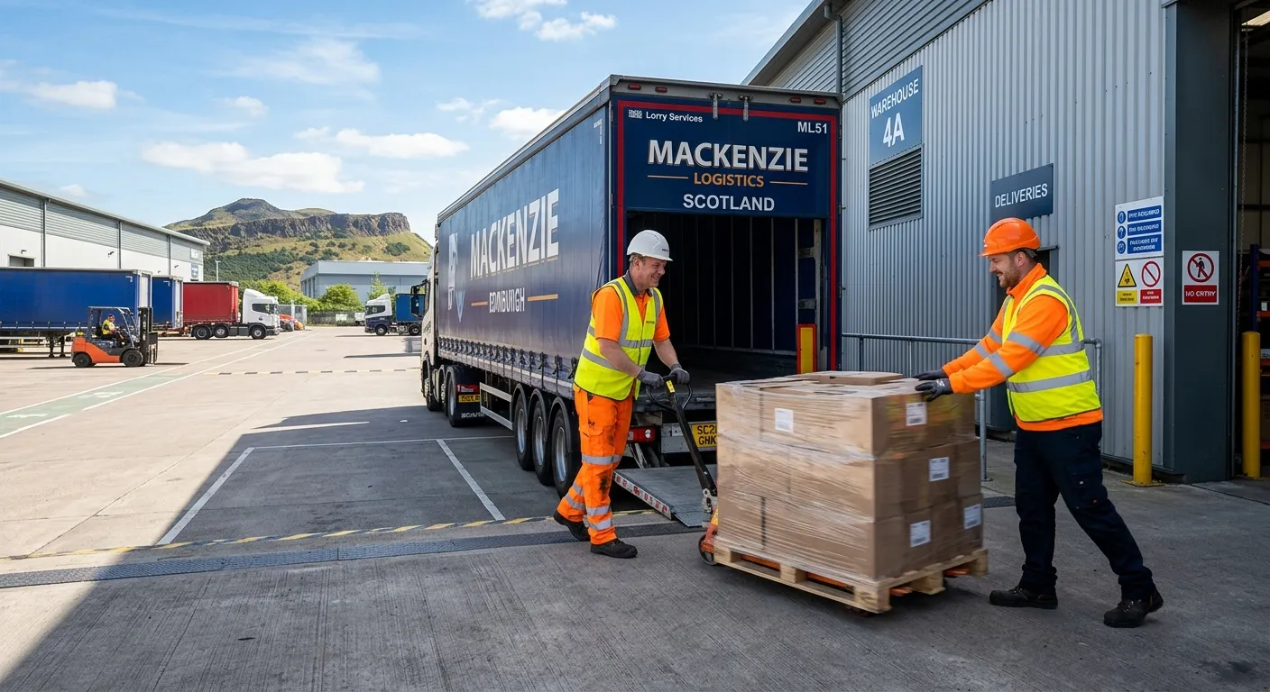 Professional photograph of an LGV/HGV Driver's Mate in high-visibility clothing, safely assisting wi... Professional photograph of an LGV/HGV Driver's Mate in high-visibility clothing, safely assisting with unloading pallets from a large articulated lorry on a bright day in an Edinburgh industrial estate, showcasing teamwork and logistics work.