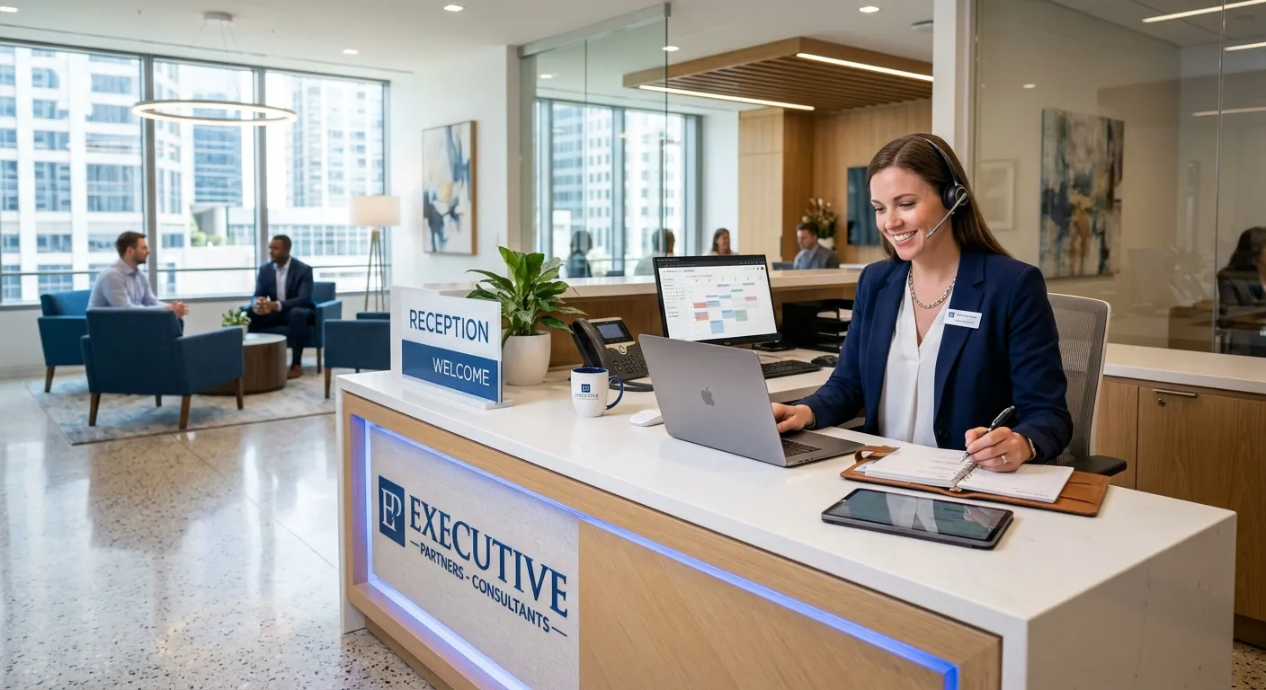 A bright, modern office reception desk with a professional administrative assistant coordinating schedules on a laptop, crisp corporate blue accents, clean typography, confident and efficient mood, executive consulting style