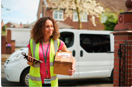 Delivery driver smiling and holding a package