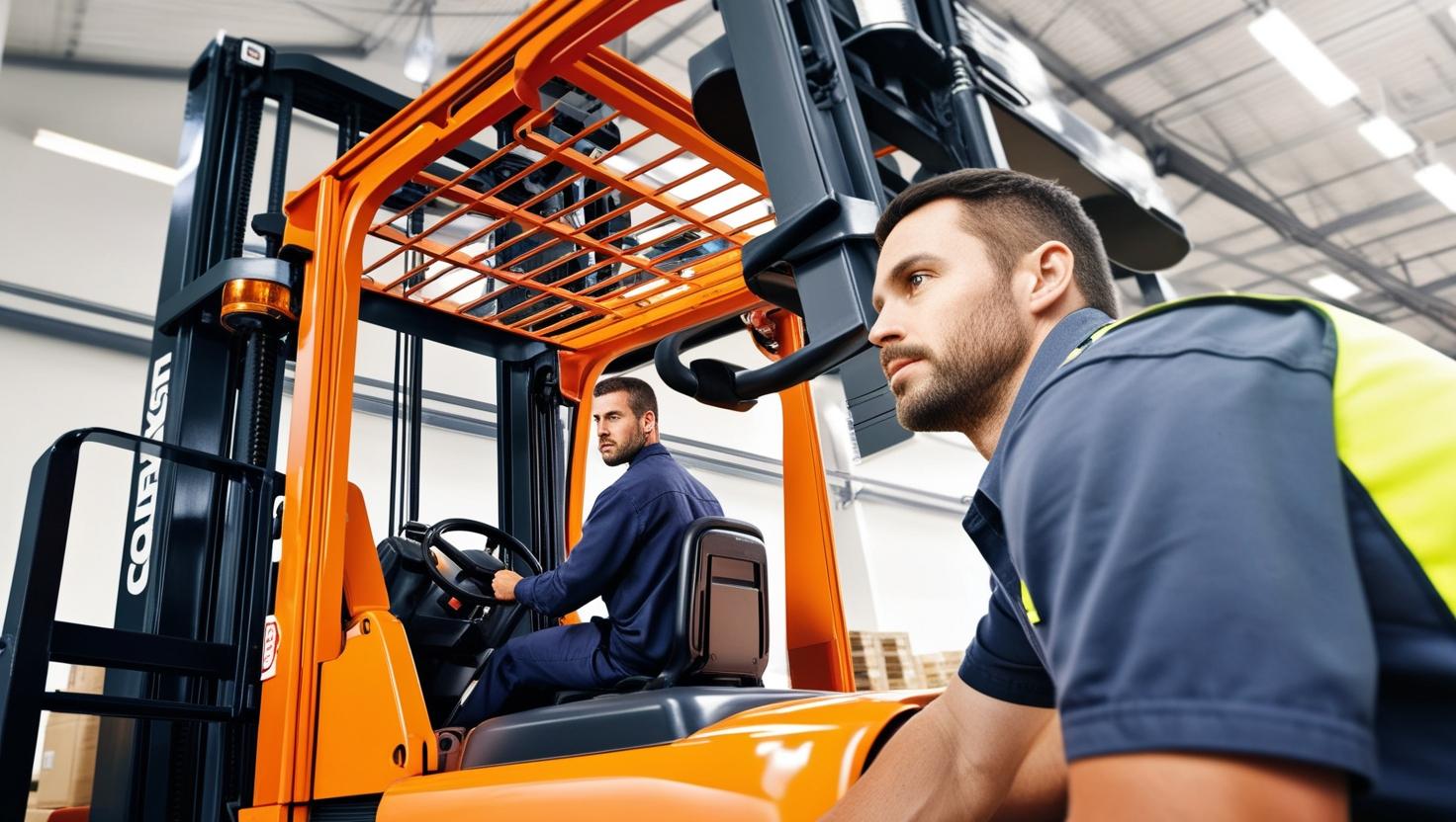 A forklift operator carefully maneuvers a pallet of boxes in a warehouse aisle.