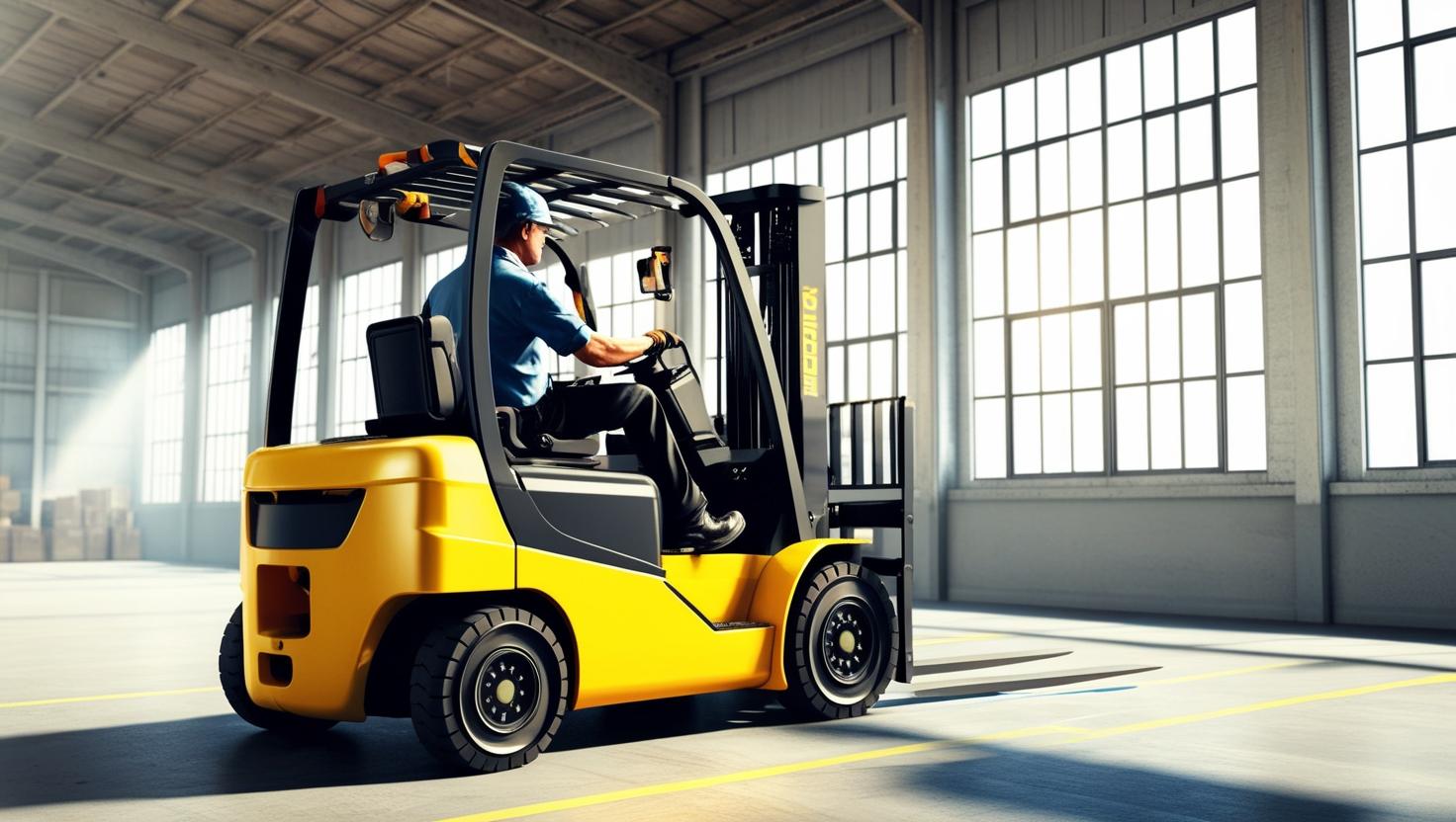 Two warehouse workers, one on a forklift, collaborating in a busy warehouse setting.