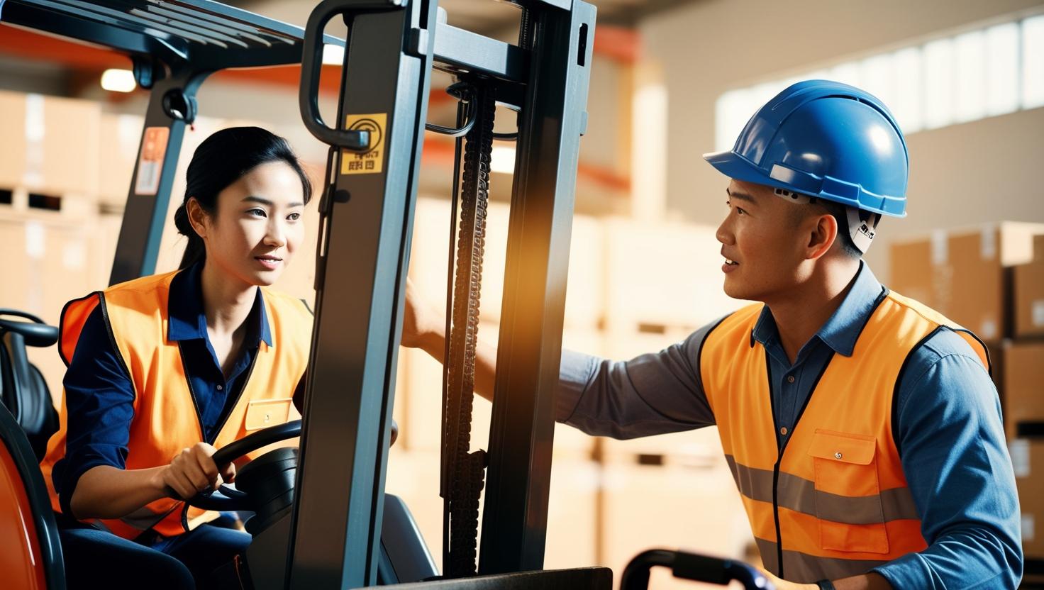 A forklift driver smiling and giving a thumbs-up while sitting in the forklift cab.