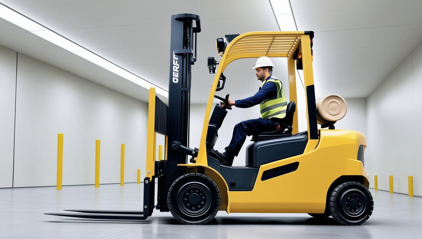 A certified forklift driver operating a vehicle in a well-lit, modern warehouse.