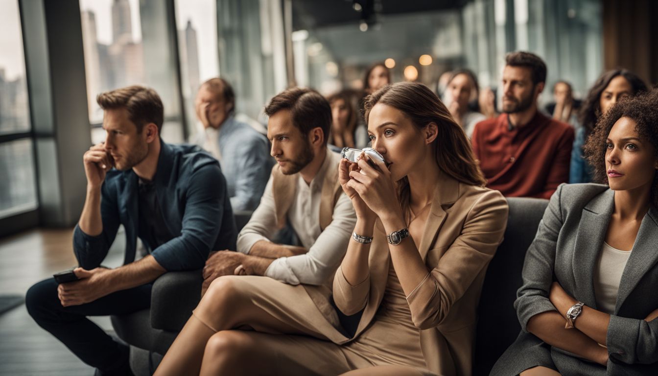 Frustrated job seekers waiting in dimly lit room in city.