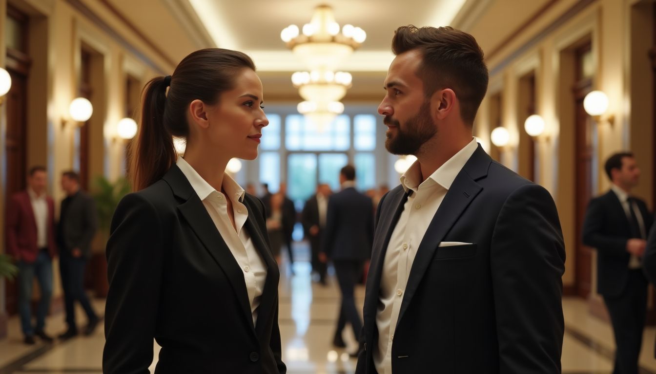 Professional couple discussing concierge staffing solutions in a hotel lobby.