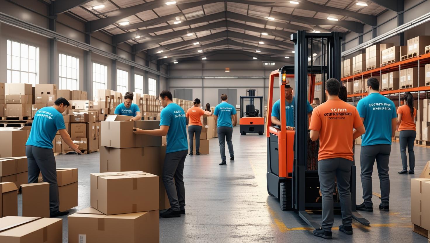 A male warehouse worker using a handheld scanner to manage inventory in a large, modern warehouse facility.